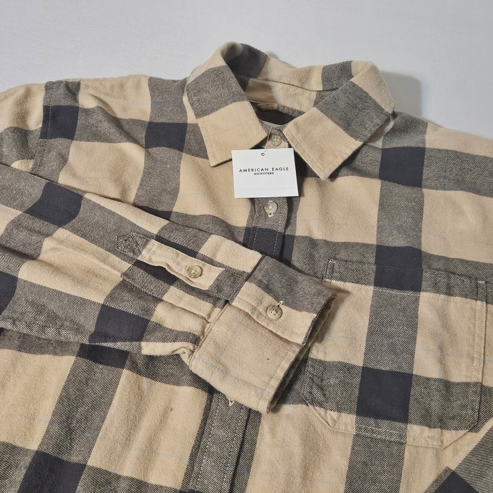 NEW American Eagle Plaid Flannel Shirt Long Sleeve Button Up Men M Tan Charcoal